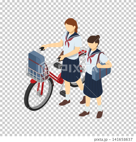 等距圖解:一名國中女生步行,另一名國中女生推著自行車(正面,夏季制服) 等距圖解:一名國中女生步行,另一名國中女生推著自行車(正面,夏季制服) 141658637