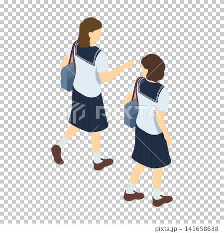 Isometric illustration: Two middle school girls walking (in summer clothes, in the background) Isometric illustration: Two middle school girls walking (in summer clothes, in the background) 141658638