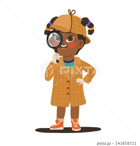 Cute young detective girl with magnifying glass wearing plaid coat isolated on white 141658721
