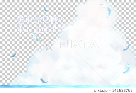 Summer greeting card: Cumulonimbus clouds, sea, white bird, feathers Summer greeting card: Cumulonimbus clouds, sea, white bird, feathers 141658765