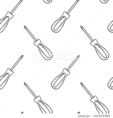Black and white seamless pattern of screwdriver in doodle style. Repeating vector illustration of hand tool for backgrounds, wrapping paper or textile design Black and white seamless pattern of screwdriver in doodle style. Repeating vector illustration of hand tool for backgrounds, wrapping paper or textile design 141658960