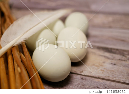 Duck Eggs on Wooden Table - Organic Food and Farm Concept Duck Eggs on Wooden Table - Organic Food and Farm Concept 141658982