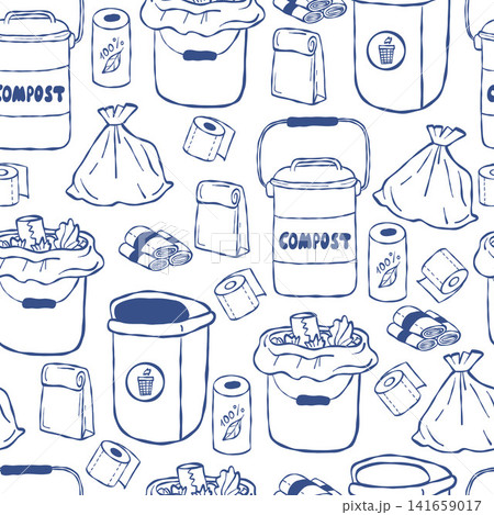 Seamless Pattern of Household Waste Management and Composting. Garbage Bin, Compost Bucket, and Trash Bag Roll on White Background. Zero Waste and Eco-Friendly Sanitation. Outline Vector Illustration. Seamless Pattern of Household Waste Management and Composting. Garbage Bin, Compost Bucket, and Trash Bag Roll on White Background. Zero Waste and Eco-Friendly Sanitation. Outline Vector Illustration. 141659017