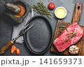 Raw fresh premium meat steak beef tenderloin, herbs and spices around frying pan plate, copy space 141659373