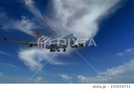 July 30, 2026. Netherlands, Amsterdam. Cargolux Cargo Plane Approaching Through Blue Sky July 30, 2026. Netherlands, Amsterdam. Cargolux Cargo Plane Approaching Through Blue Sky 141659751