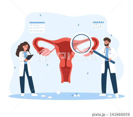 Gynecologist concept. Uterus pain diagnosis. Internal organ scan. Treatment plan or therapy. Flat vector illustration Gynecologist concept. Uterus pain diagnosis. Internal organ scan. Treatment plan or therapy. Flat vector illustration 141660059