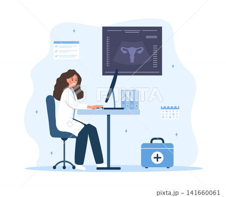 Gynecologist concept. Endometriosis and fibroids treatment and diagnosis. Medical vector illustration of internal organ. Dialysis therapy for patient care in hospital Gynecologist concept. Endometriosis and fibroids treatment and diagnosis. Medical vector illustration of internal organ. Dialysis therapy for patient care in hospital 141660061