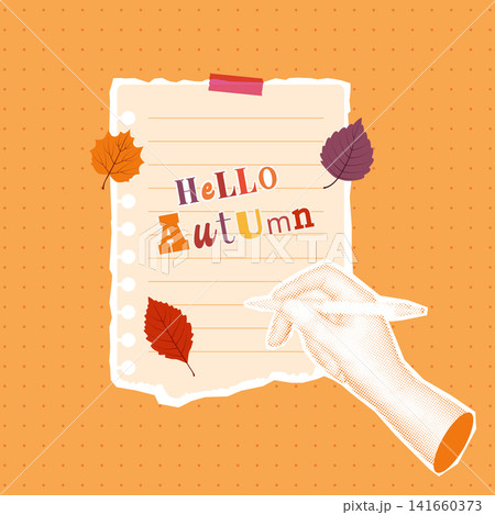 Hello autumn collage poster template with halftone hand drawing and torn paper note. Hello autumn collage poster template with halftone hand drawing and torn paper note. 141660373