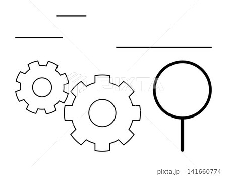 Process optimization, workflow management, technical analysis, productivity tools, search mechanisms, business operations. Gears and magnifying glass in black and white. Process optimization 141660774