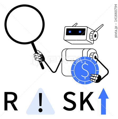 Risk assessment, financial analysis, robotics, artificial intelligence, technology, data insights. A robot holding a magnifying glass and coin near the word risk. Risk assessment and financial Risk assessment, financial analysis, robotics, artificial intelligence, technology, data insights. A robot holding a magnifying glass and coin near the word risk. Risk assessment and financial 141660794