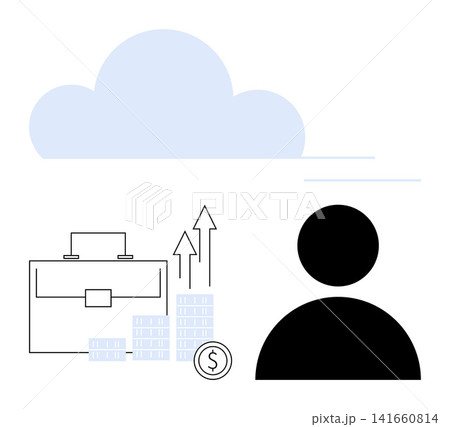 Business solutions, growth strategies, cloud storage, financial management, data analysis, digital transformation. Briefcase, rising arrows coins cloud and user silhouette. Business growth Business solutions, growth strategies, cloud storage, financial management, data analysis, digital transformation. Briefcase, rising arrows coins cloud and user silhouette. Business growth 141660814