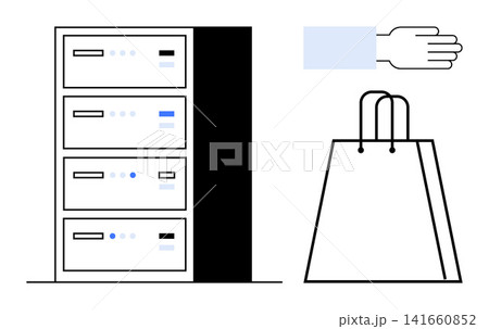 Online shopping, e-commerce, data management, retail technology, transaction security, digital solutions. Server rack, hand gesture shopping bag. Online shopping and e-commerce Online shopping, e-commerce, data management, retail technology, transaction security, digital solutions. Server rack, hand gesture shopping bag. Online shopping and e-commerce 141660852