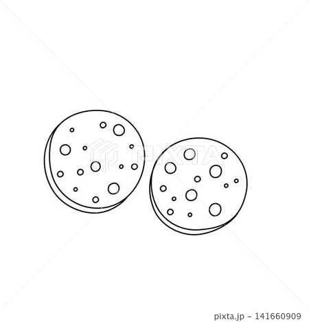 Delicious baked cookies with sweet chocolate chips, creating warm feeling of cozy tea time, homemade dessert, bakery treats, afternoon snack, hand drawn simple outline illustration 141660909