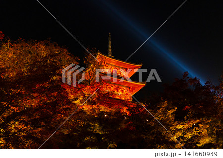 京都東山の秋　世界遺産　清水寺（紅葉ライトアップ）　三重塔 141660939