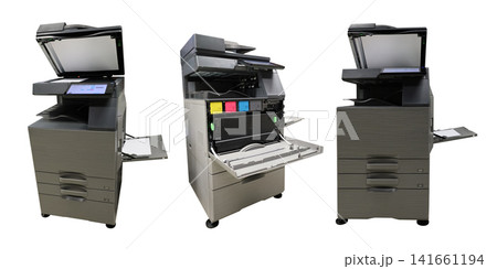three laser printers, features a scanner lid, a toner replacement compartment, and a side panel for photocopying access on isolated background, object, decor, office, fashion, copy space three laser printers, features a scanner lid, a toner replacement compartment, and a side panel for photocopying access on isolated background, object, decor, office, fashion, copy space 141661194