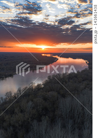 Aerial sunset over the Vistula River near Warsaw, Mazovian region 141661438