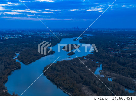 Aerial Vistula River braids and islands near Warsaw at dusk Aerial Vistula River braids and islands near Warsaw at dusk 141661451