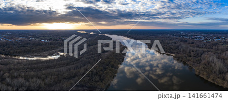 Aerial panorama of Vistula River near Warsaw at winter sunset Aerial panorama of Vistula River near Warsaw at winter sunset 141661474
