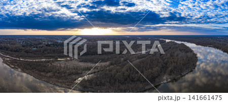 Aerial panoramic view of Vistula River bend near Warsaw at sunset 141661475