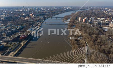 Aerial view of Warsaw, Vistula River, and Swietokrzyski Bridge Aerial view of Warsaw, Vistula River, and Swietokrzyski Bridge 141661537