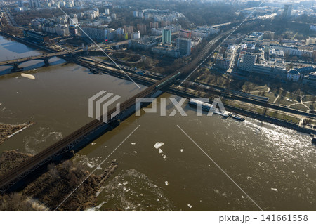 Aerial view of Warsaw with Vistula and Srednicowy Railway Bridge Aerial view of Warsaw with Vistula and Srednicowy Railway Bridge 141661558