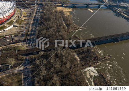 Aerial over Vistula in Warsaw with Srednicowy and Poniatowski Bridges Aerial over Vistula in Warsaw with Srednicowy and Poniatowski Bridges 141661559
