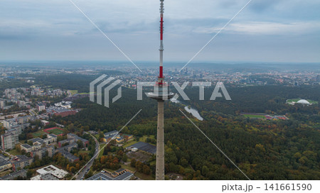 Aerial View of Vilnius TV Tower Surrounded by Urban and Natural Scenery Aerial View of Vilnius TV Tower Surrounded by Urban and Natural Scenery 141661590