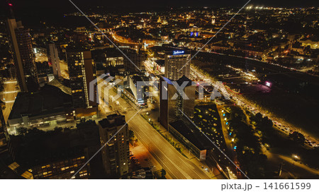 Aerial Nighttime View of Vilnius with Radisson Blu Hotel and Neris River 141661599