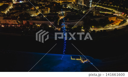 Aerial Night View of Vilnius with Blue Light Installation 141661600