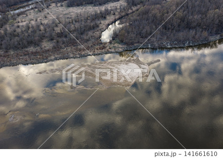 Aerial view of reflective river and fan sandbar near Warsaw Aerial view of reflective river and fan sandbar near Warsaw 141661610