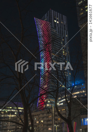 Nighttime View of a Curved Skyscraper in Warsaw, Poland Nighttime View of a Curved Skyscraper in Warsaw, Poland 141661677