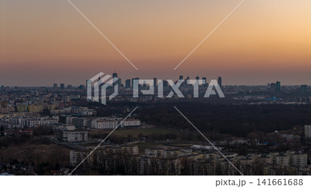 Warsaw skyline at dusk with Palace of Culture and Science, aerial view Warsaw skyline at dusk with Palace of Culture and Science, aerial view 141661688