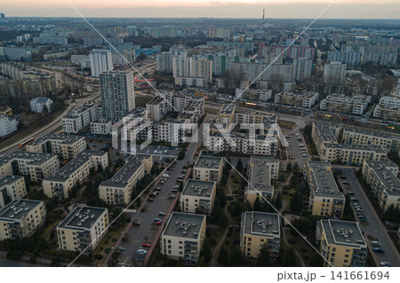 Aerial dusk view of Warsaw residential district with skyline Aerial dusk view of Warsaw residential district with skyline 141661694
