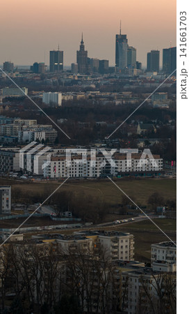 Aerial dusk view of Warsaw skyline with Palace of Culture and Science 141661703