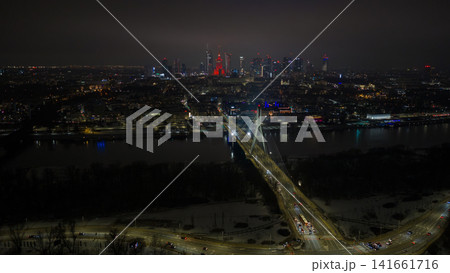 Aerial night view of Warsaw with Swietokrzyski Bridge and skyline 141661716