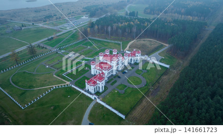 Aerial view of Kosava Palace complex in Brest Region, Belarus 141661723