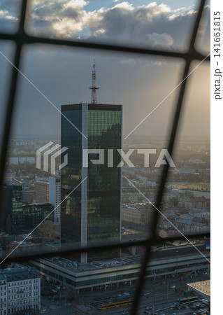 View of Warsaw City Center with Warsaw Trade Tower and Tram Below 141661815