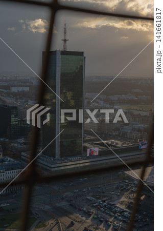 Elevated View of Warsaw Cityscape with Skyscraper and Urban Streets Elevated View of Warsaw Cityscape with Skyscraper and Urban Streets 141661817