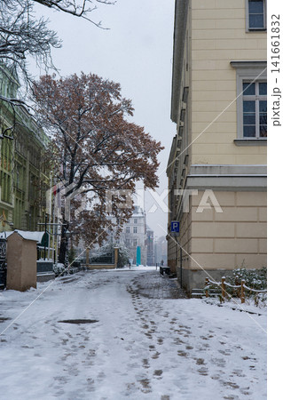 Wroclaw winter side street with tenements, russet tree, and sign 141661832