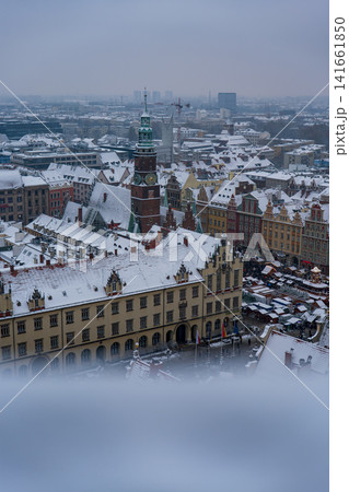 Wroclaw Rynek and Gothic Old Town Hall in snow from elevated view Wroclaw Rynek and Gothic Old Town Hall in snow from elevated view 141661850