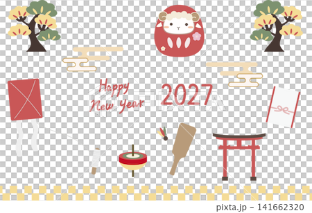 2027年新年插畫套裝（羊年：綿羊達摩娃娃、松樹、風箏、戰鼓、陀螺） 141662320