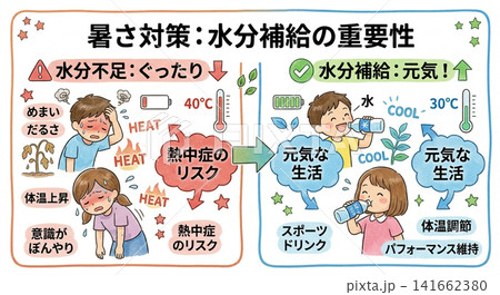 暑さ対策:水分補給の重要性を表す子供の比較イラスト図解(水分不足と元気) 暑さ対策:水分補給の重要性を表す子供の比較イラスト図解(水分不足と元気) 141662380