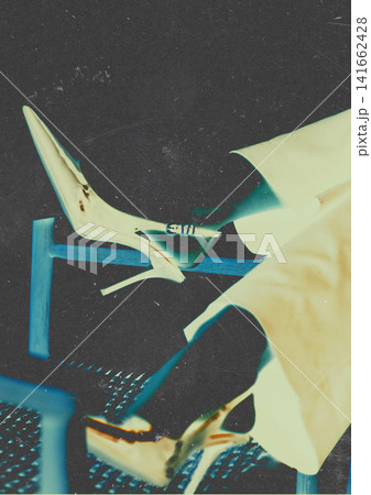 Negative image of high heel shoes with inverted colors. Experimental fashion photography exploring aesthetics, contemporary design, luxury footwear. Negative image of high heel shoes with inverted colors. Experimental fashion photography exploring aesthetics, contemporary design, luxury footwear. 141662428