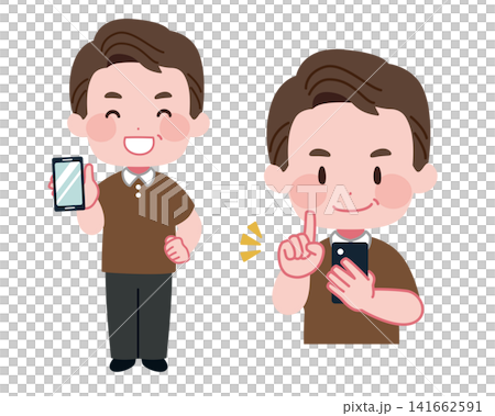 A set of illustrations of middle-aged and senior men operating and showing their smartphones. A set of illustrations of middle-aged and senior men operating and showing their smartphones. 141662591