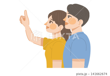 笑顔で上を指さす女性と、その方向を笑顔で見上げる男性のイラスト 笑顔で上を指さす女性と、その方向を笑顔で見上げる男性のイラスト 141662674