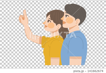 笑顔で上を指さす女性と、その方向を笑顔で見上げる男性のイラスト 笑顔で上を指さす女性と、その方向を笑顔で見上げる男性のイラスト 141662674