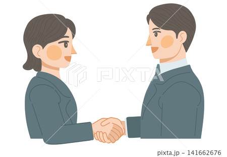 笑顔で握手をする会社員の男性と女性のイラスト 笑顔で握手をする会社員の男性と女性のイラスト 141662676
