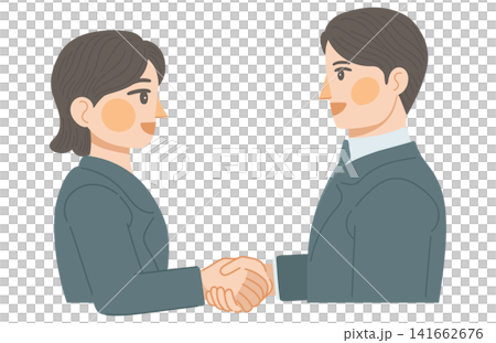 笑顔で握手をする会社員の男性と女性のイラスト 笑顔で握手をする会社員の男性と女性のイラスト 141662676