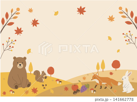秋素材　秋のバナー イラスト シンプル フラットデザイン 森の動物と秋の風景と秋の果物  141662778