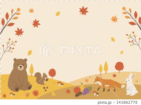 秋素材　秋のバナー イラスト シンプル フラットデザイン 森の動物と秋の風景と秋の果物  141662778
